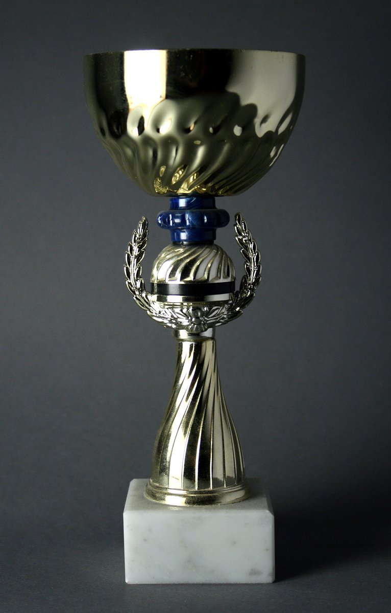 silver cup with blue ribbon on white pedestal