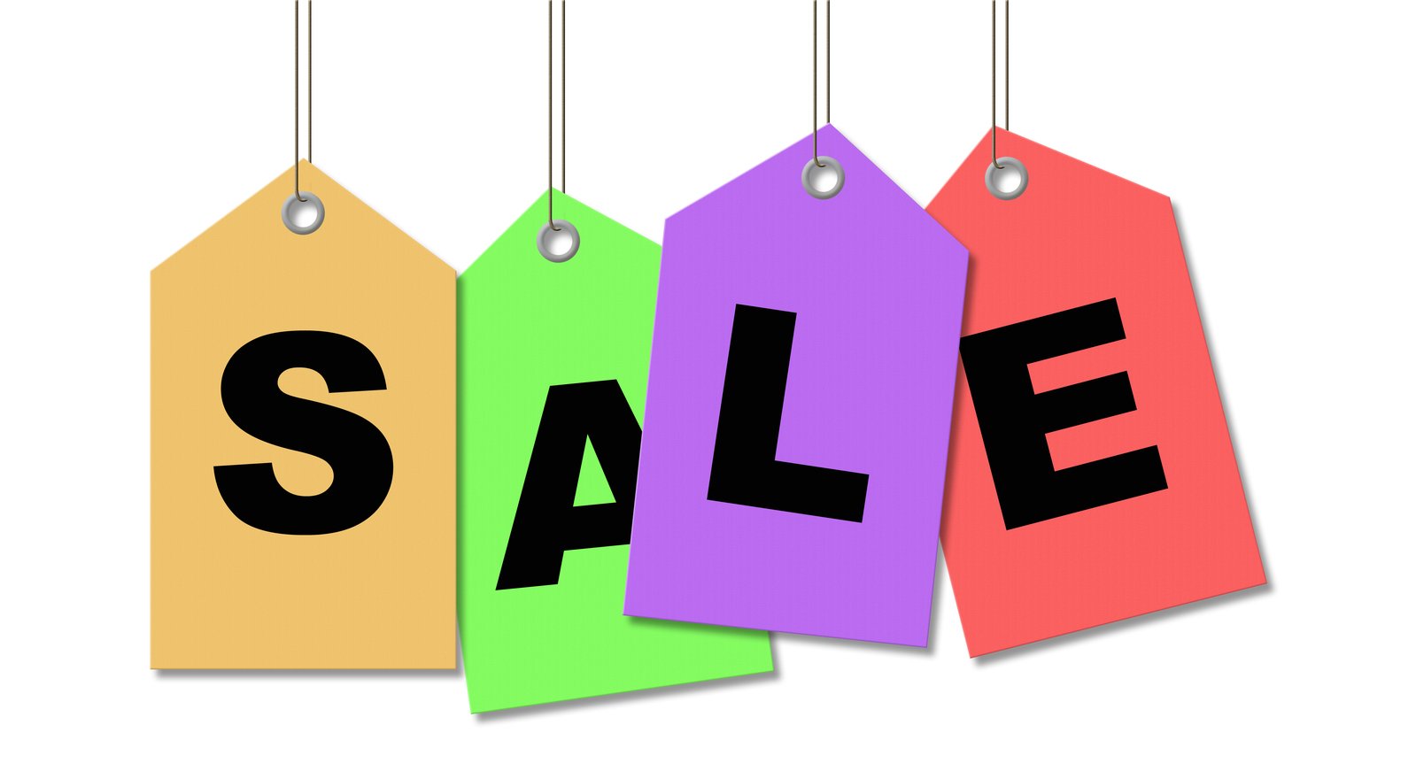 three color tags hang from strings displaying the word sale