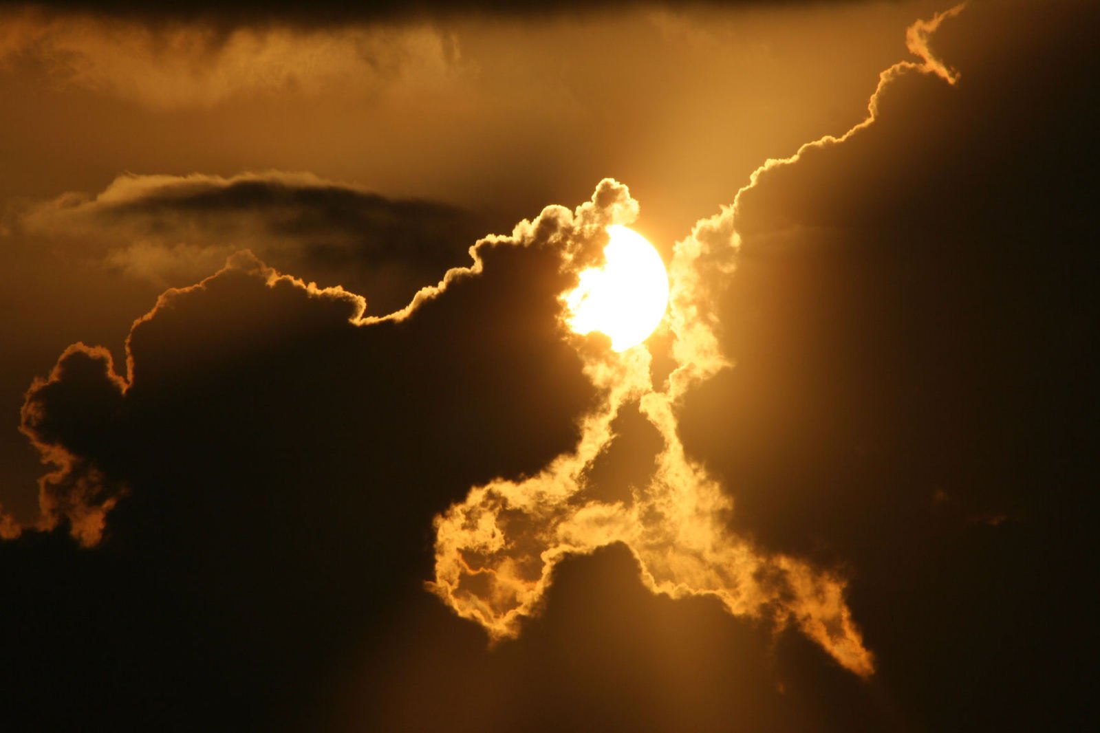 sun peeking through dark clouds and a bird flying below