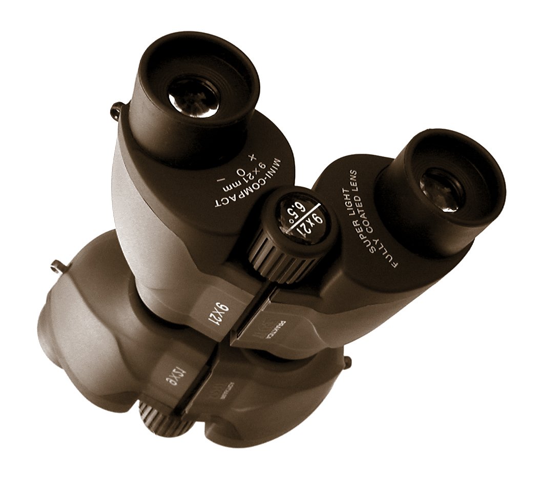 the view of an open binoculars lens with one light on