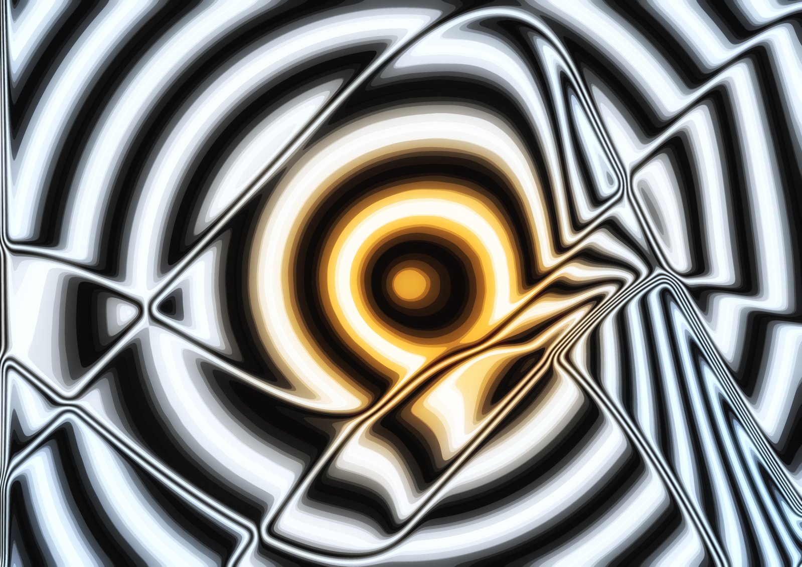 a computer image with a yellow circle surrounded by blue and black spirals