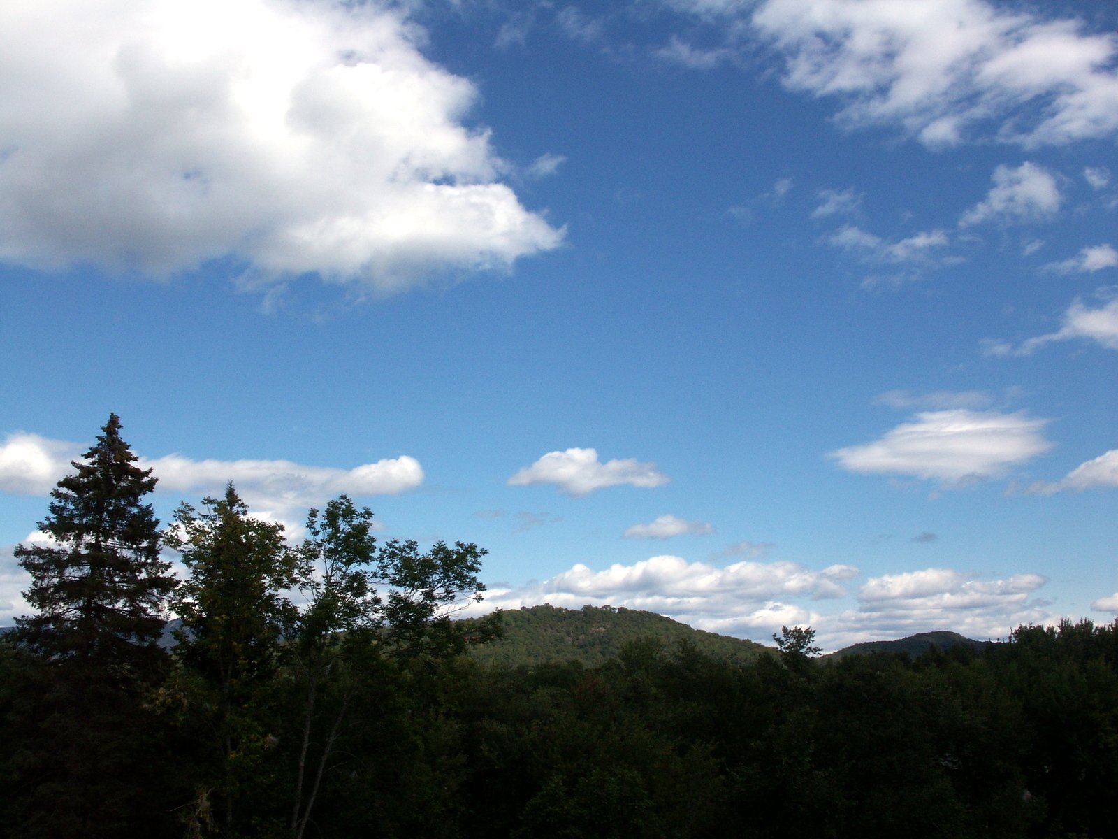 a few white clouds are above trees and hills