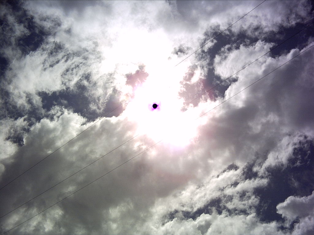 bright sun in the sky between many power lines