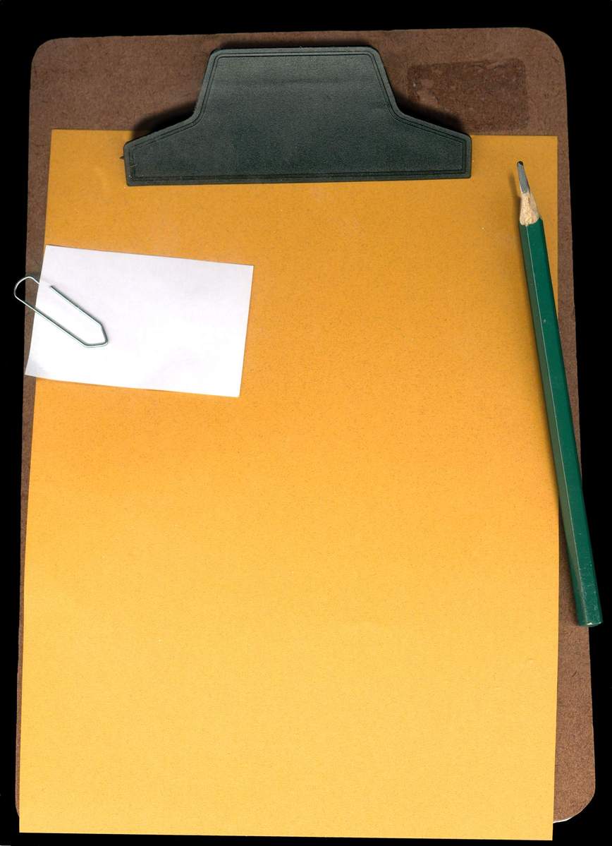 an orange clipboard with a yellow file next to it and a pencil