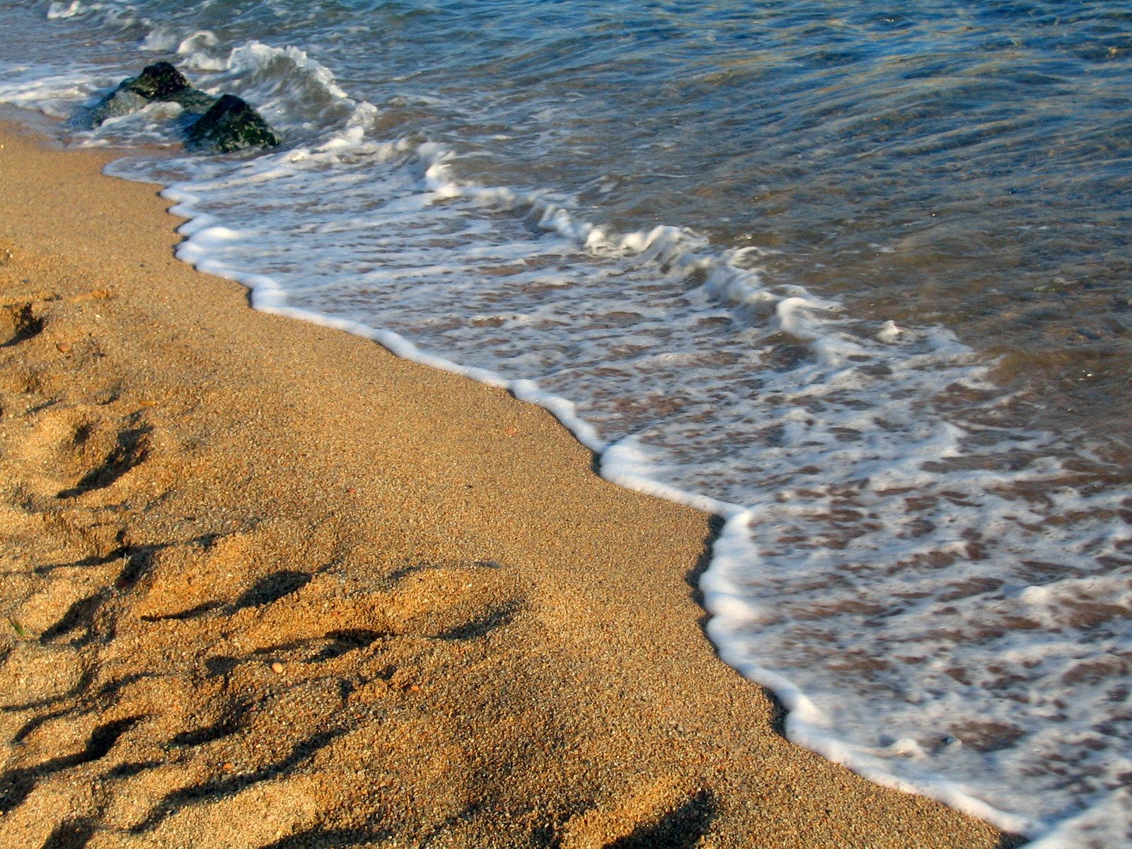 wave coming into the sandy beach with footprints in the sand