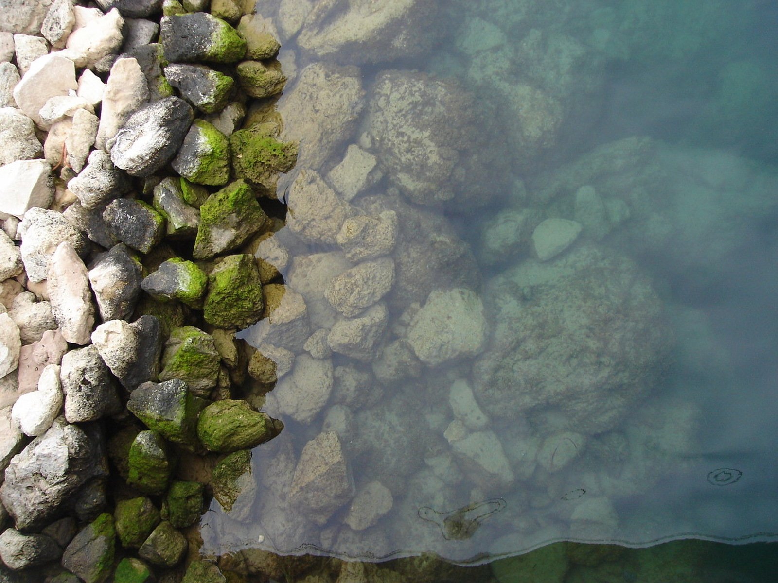 rocks are under water near the shore