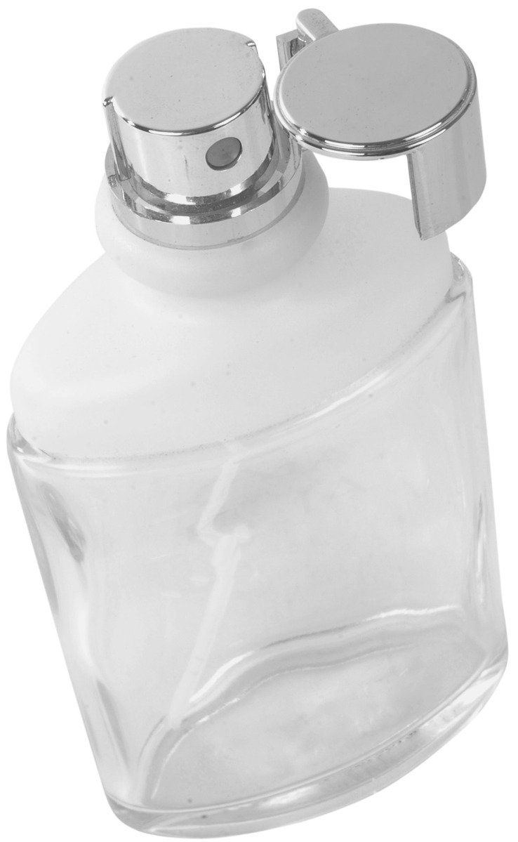a clear bottle with a silver lid and nozzle