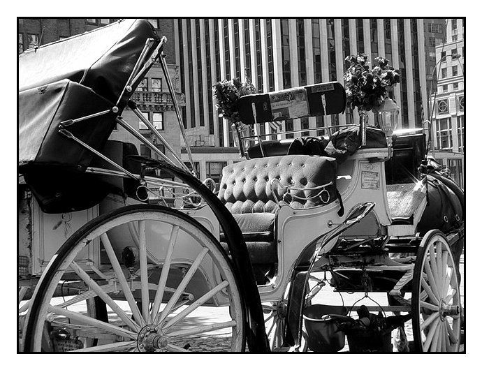 an old - fashioned carriage with an umbrella on the back in new york city