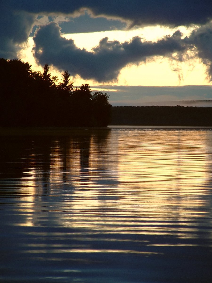 the sky above the water is reflected by the trees