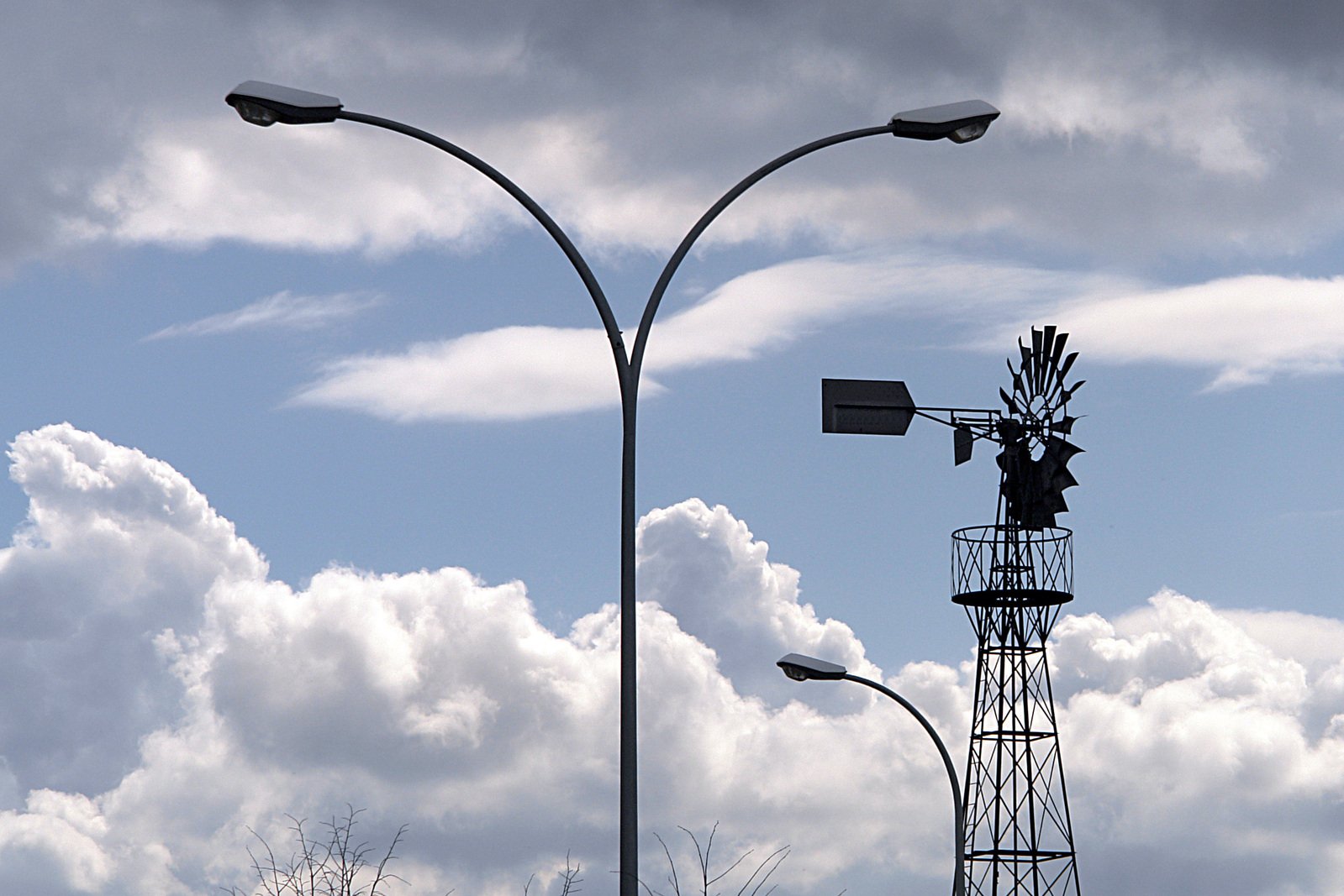 a metal bird on a street light