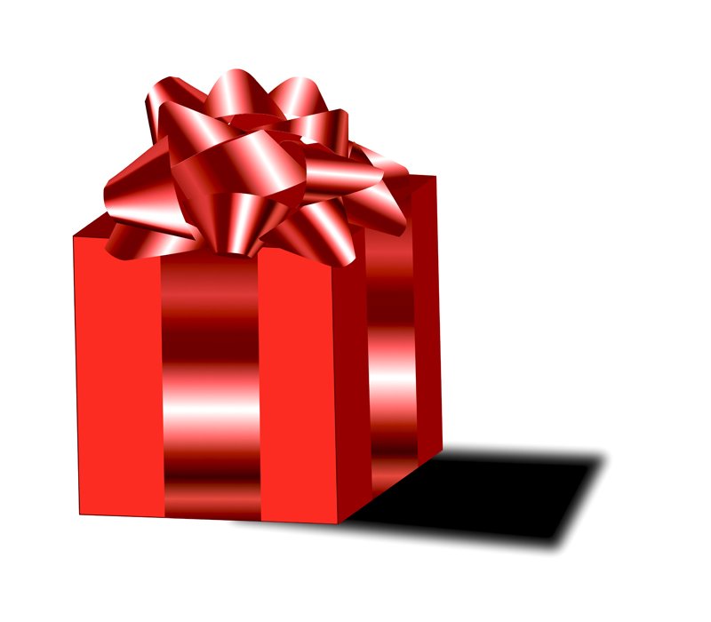 a large red gift box with a big bow on it