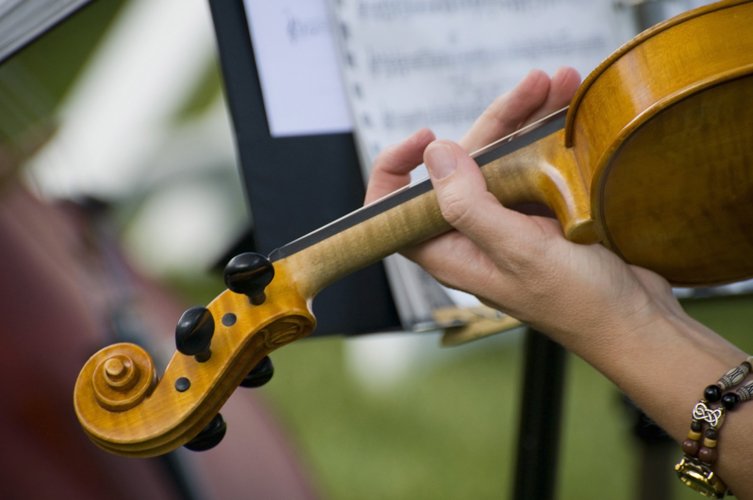 person holding a violin with musical equipment behind it