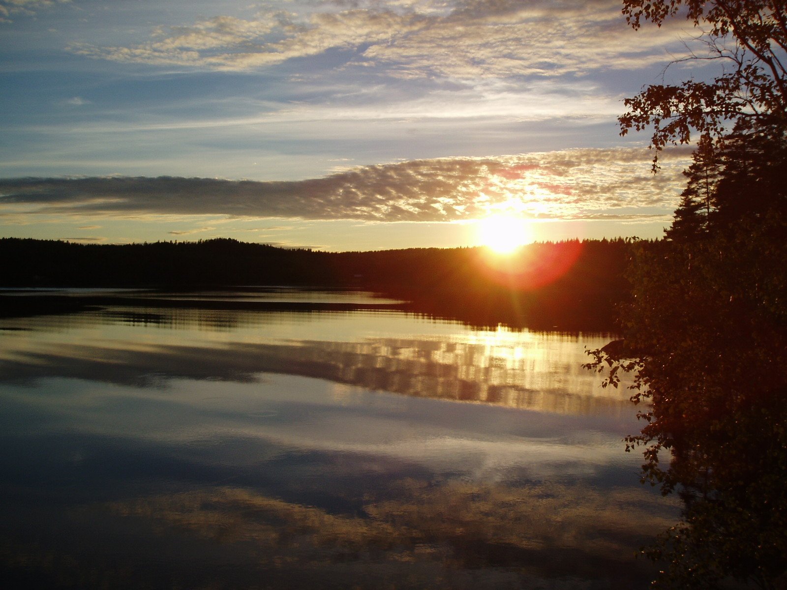 the sun sets over the trees and water