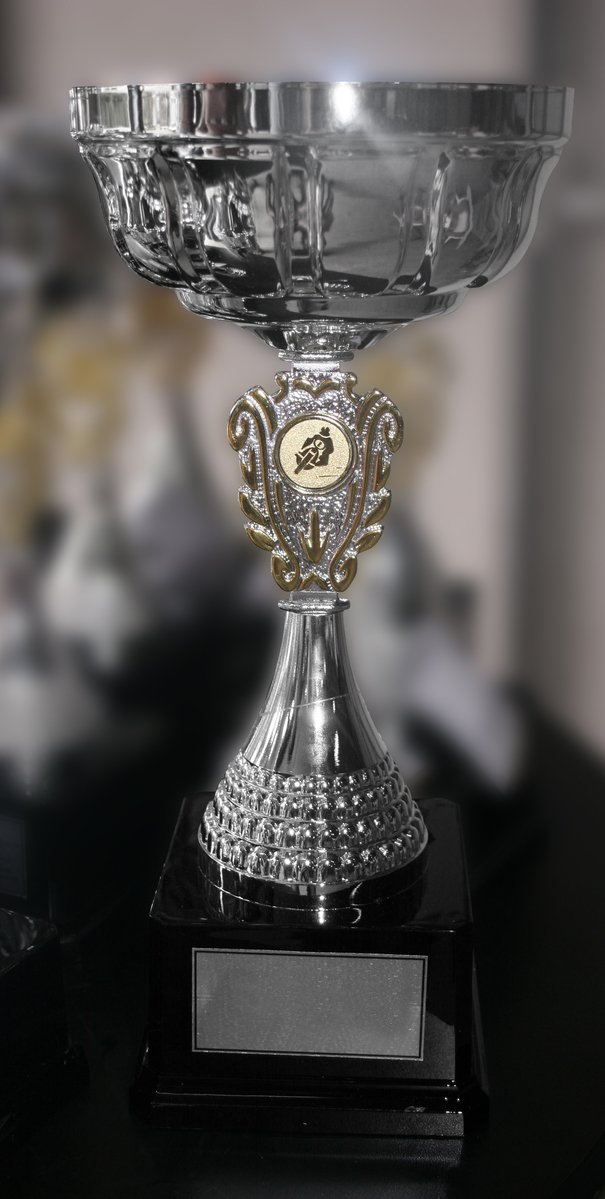 an ornate, silver and gold trophy on a black surface