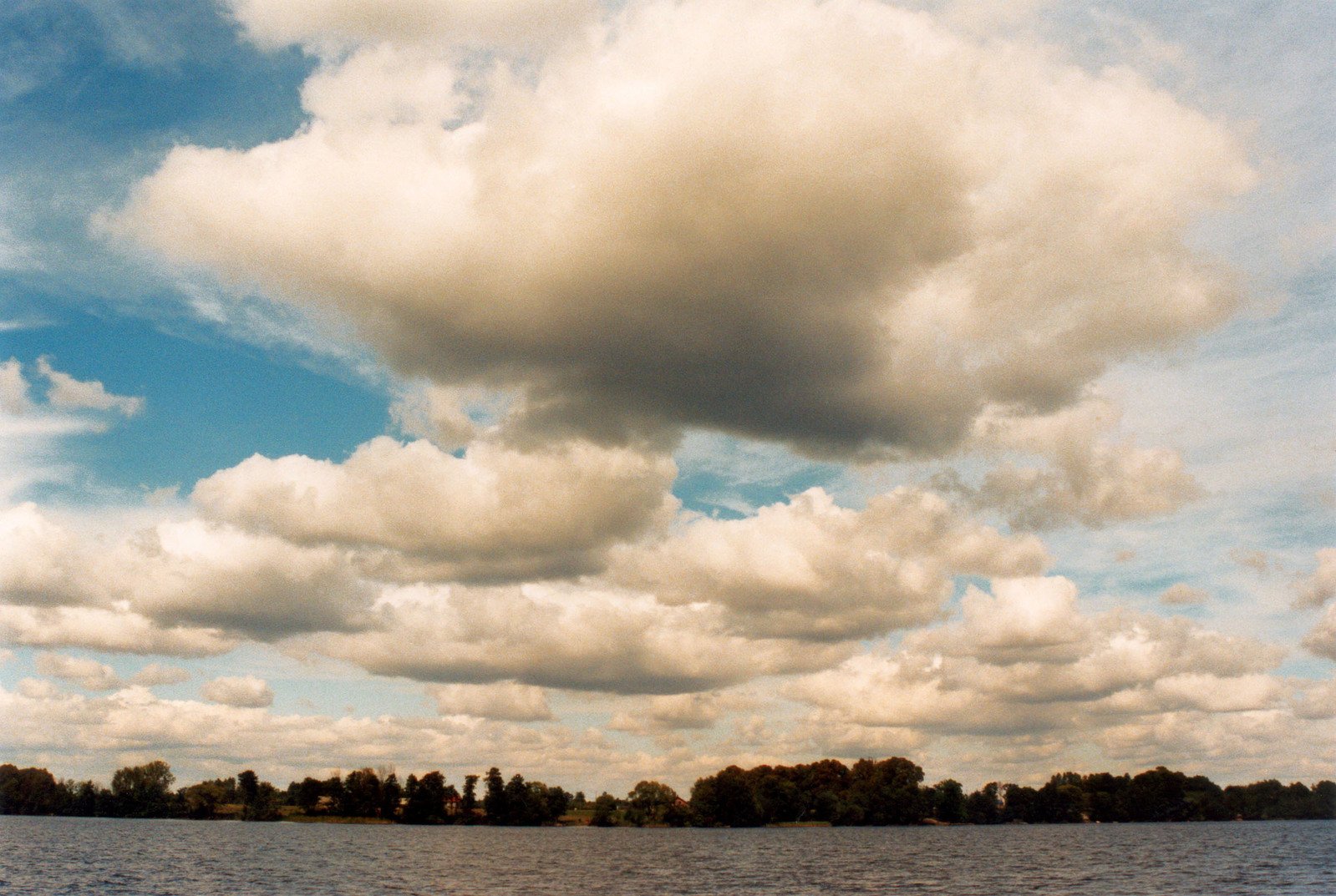 clouds hover over a body of water as trees and shrubs sit on the shore