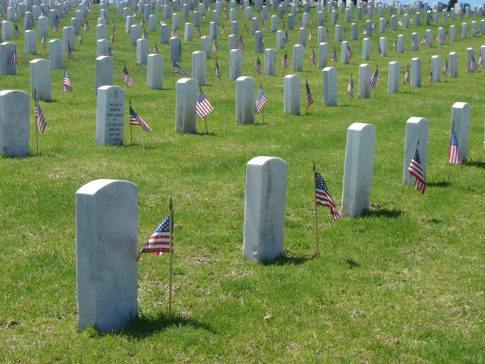 several rows of flags and headstones sitting on the grass