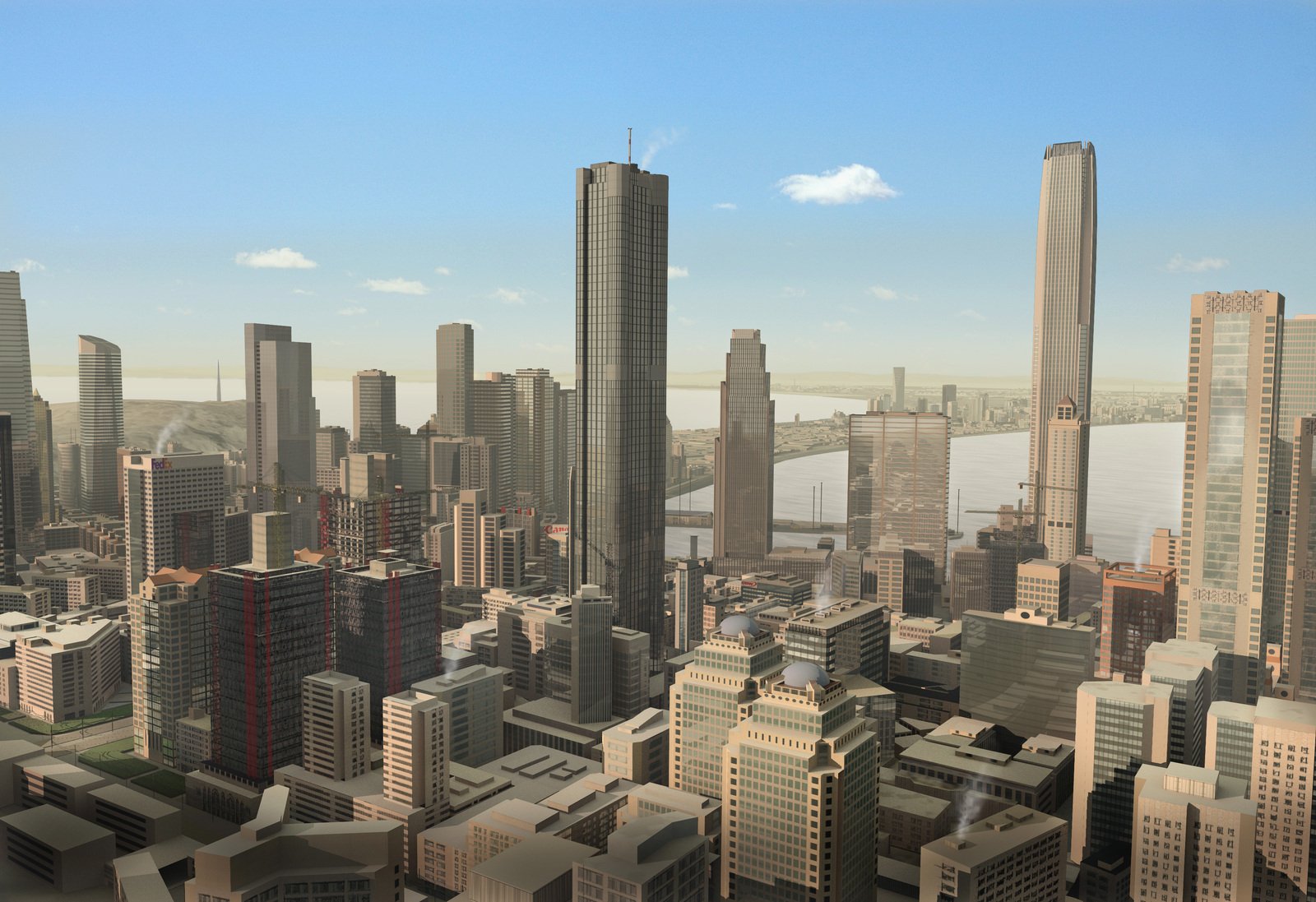 a city is shown with skyscrs all around