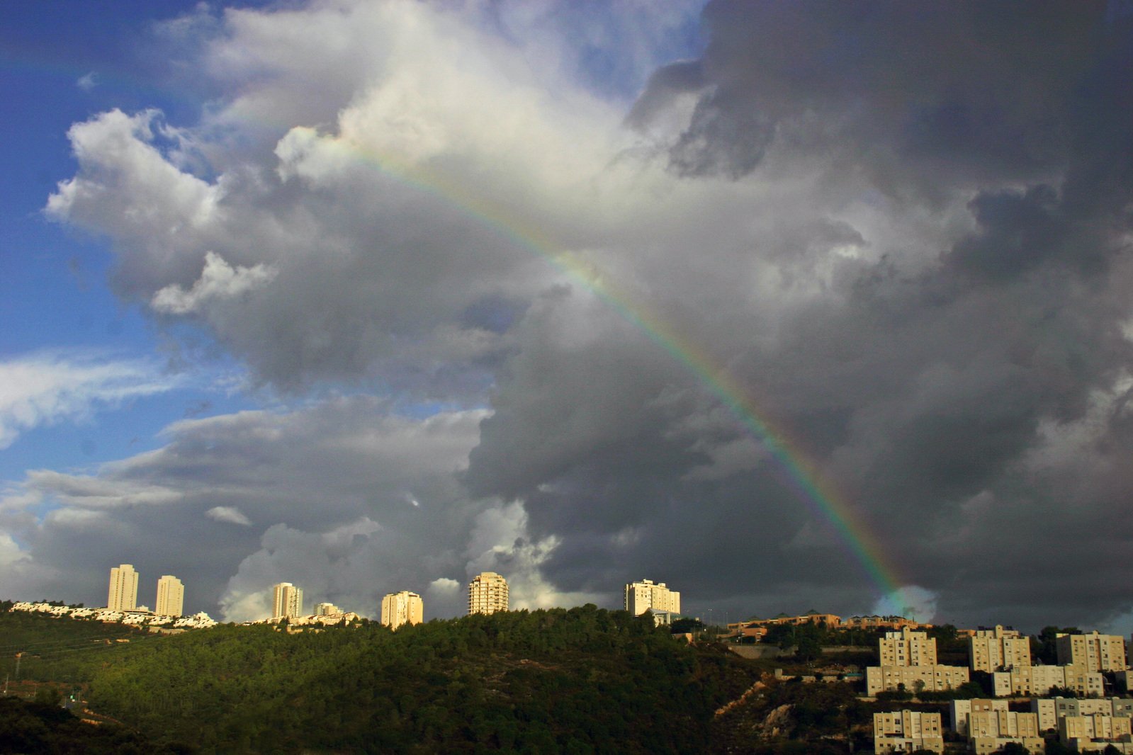 a rainbow is seen near a tall city skyline