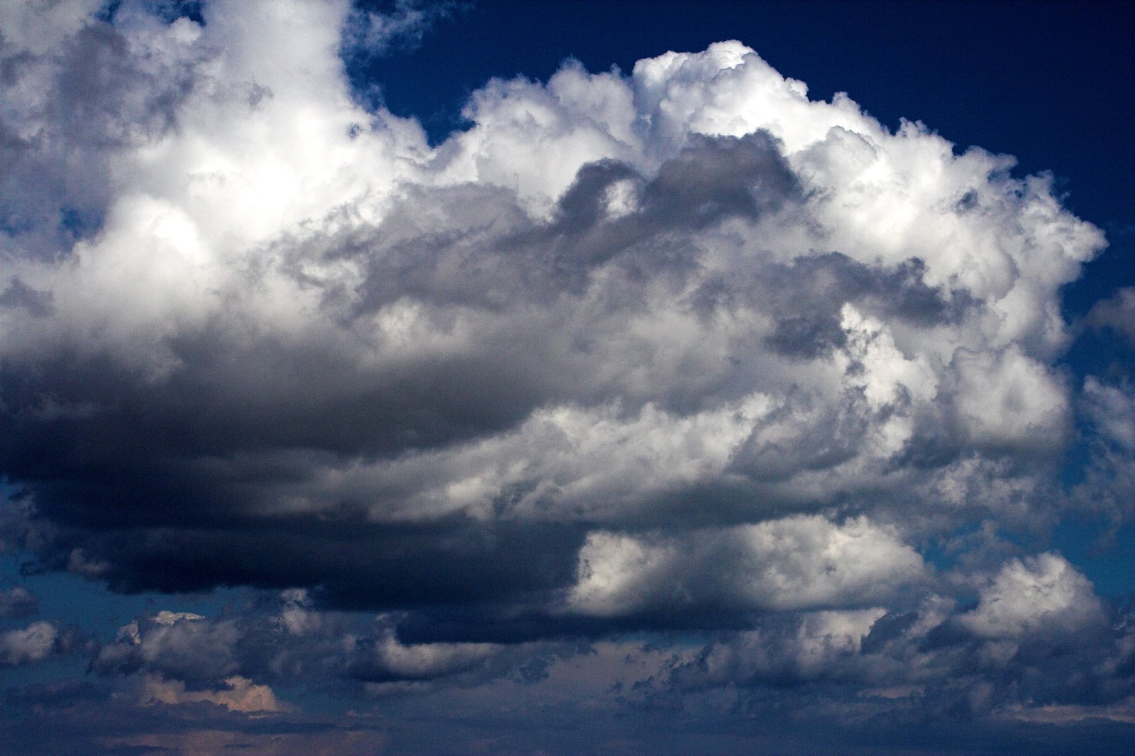 a plane flying beneath a huge cloud in the blue sky