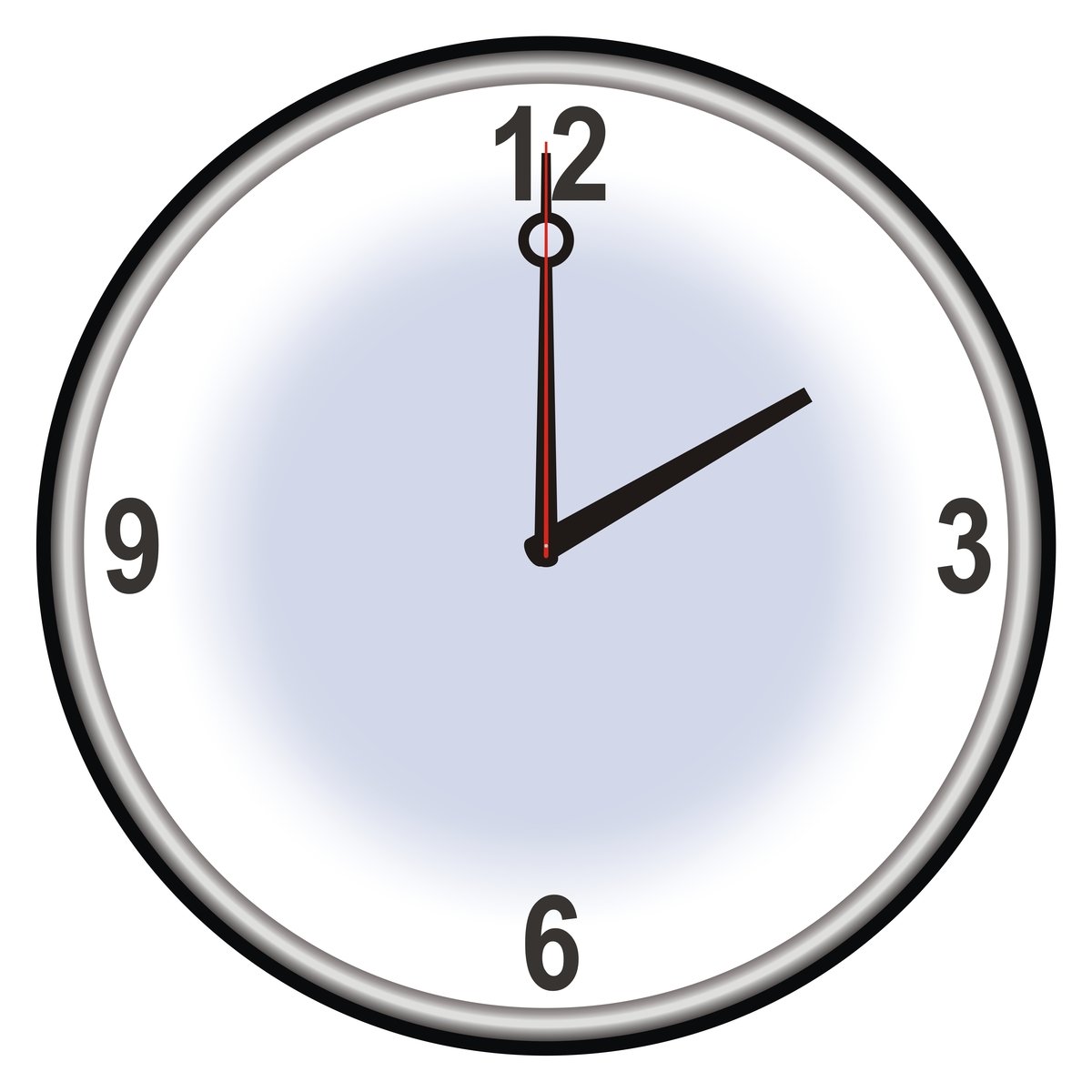 a white clock with red numbers shows twelve o'clock