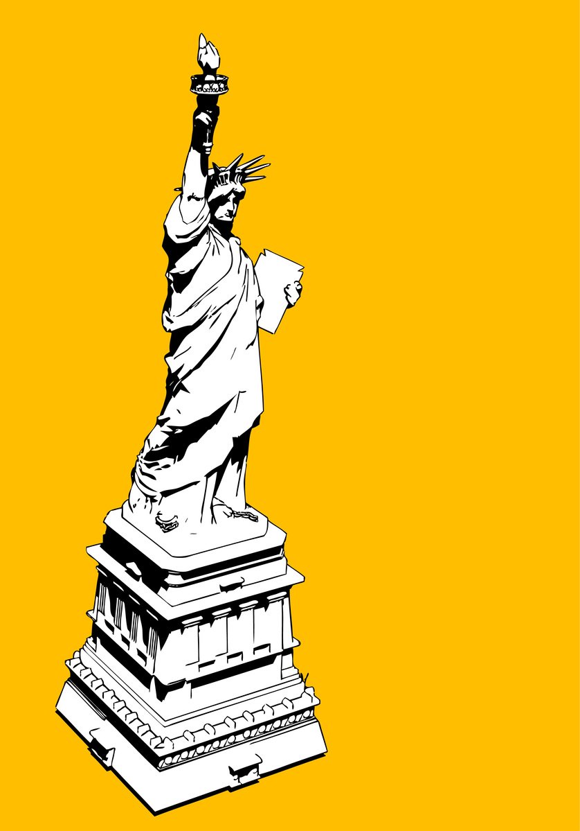 a yellow poster featuring the statue of liberty on a yellow background