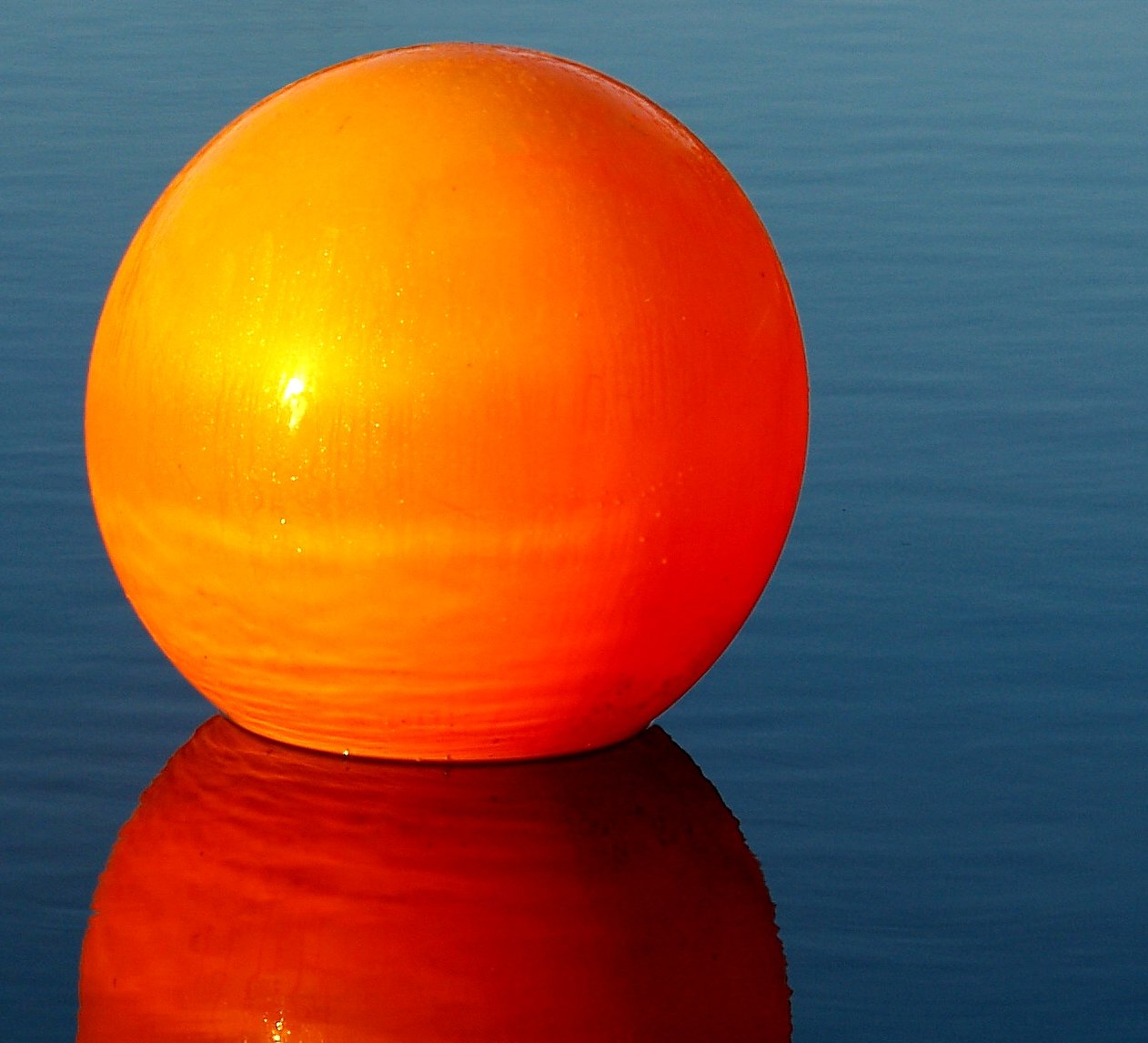 a orange object is sitting on a shiny surface