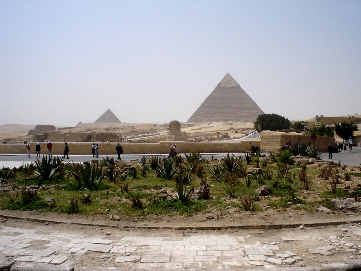 a couple of pyramids and trees are in the distance