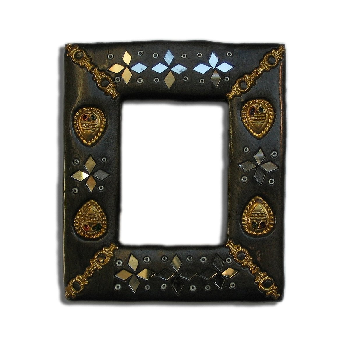 a small black frame decorated with jewels and gold