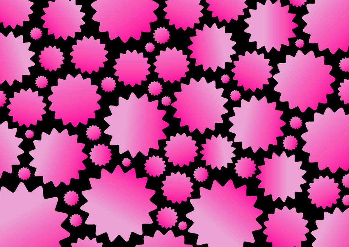 many different shapes of pink color on a black background