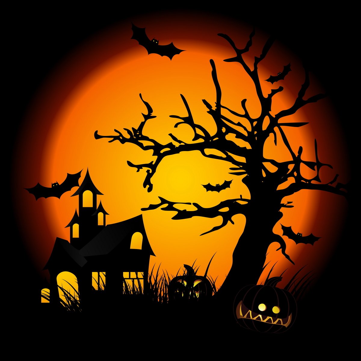 the night time scene shows an eerie spooky house and trees