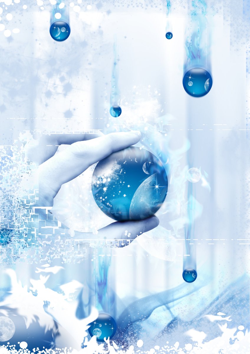 a woman's hand holding a blue ball with bubbles floating