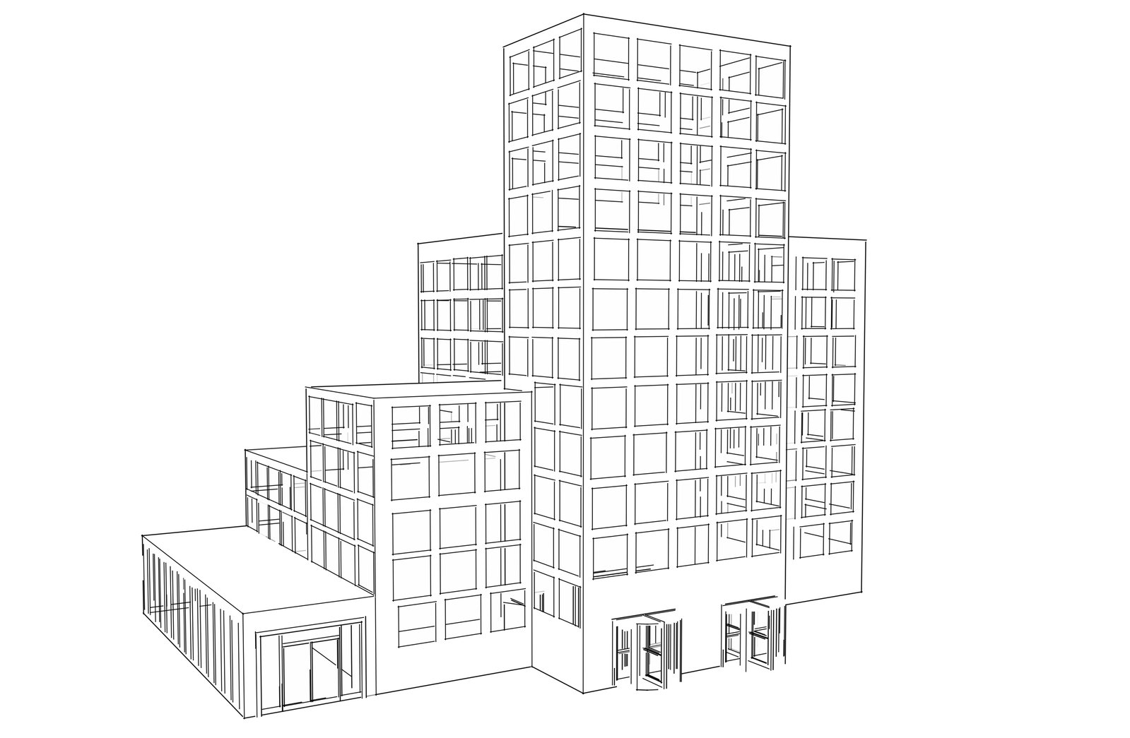 a diagram showing the building in black and white