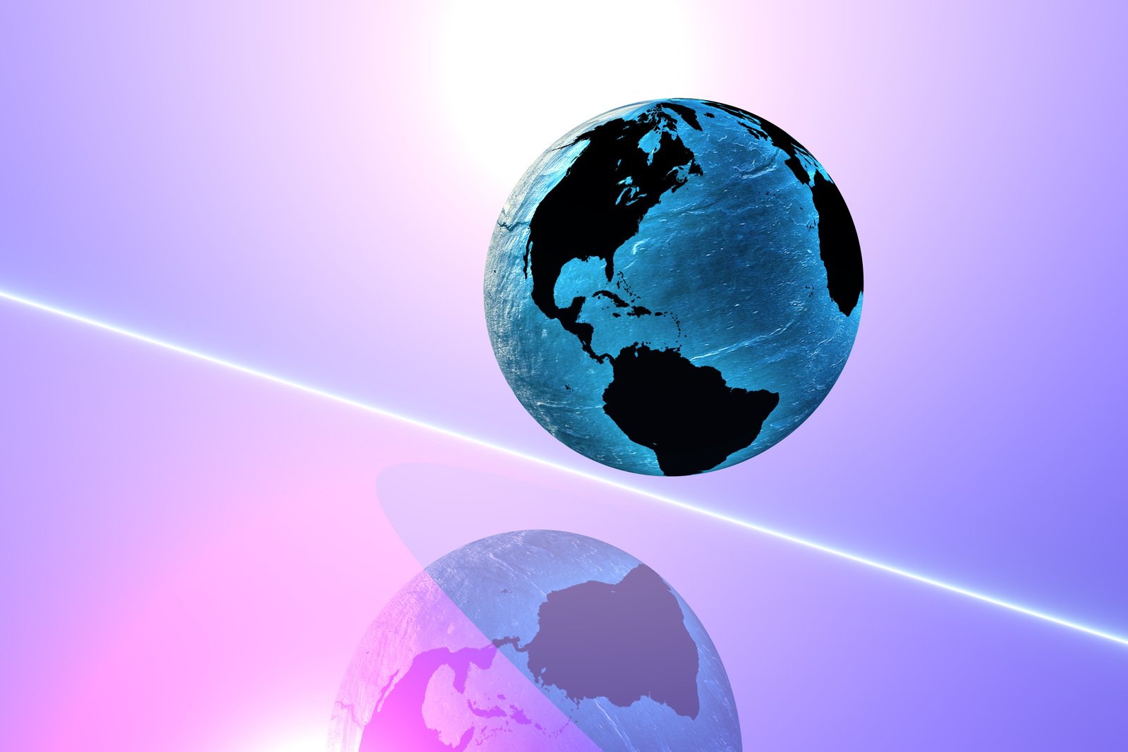 two different images show a small globe with a pink and blue reflection