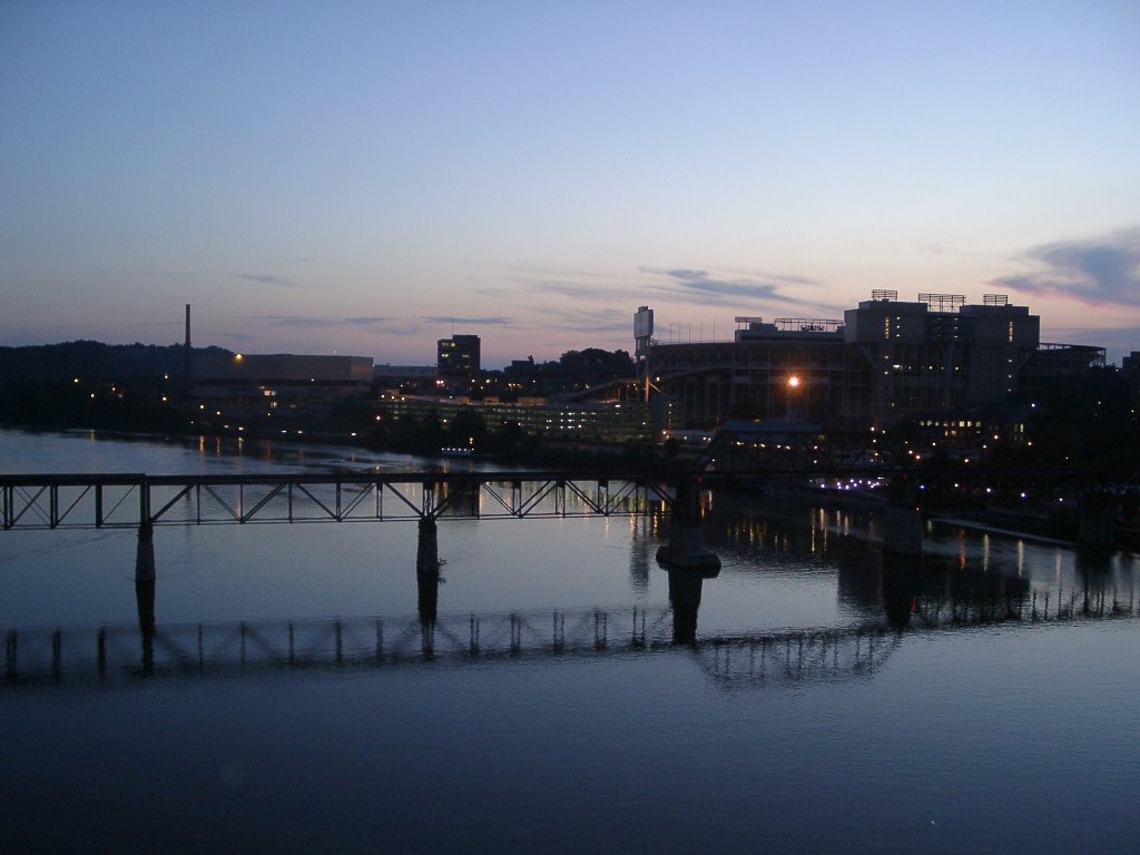 the skyline from across the river at dusk