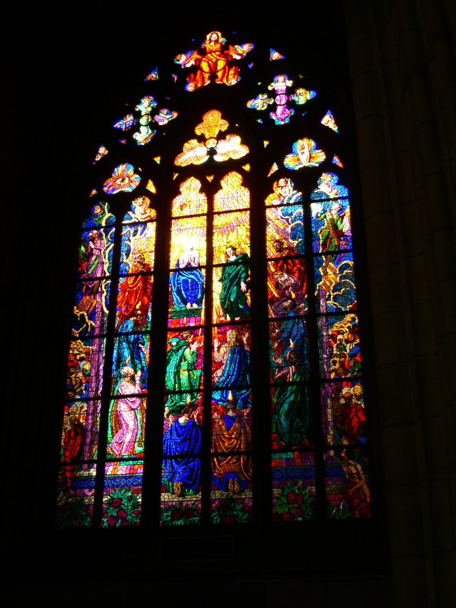 a window depicting mary on it is shown