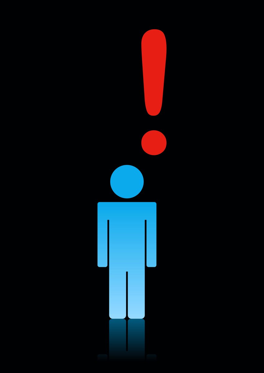 a blue man with red exclamation appears to be looking for a clue