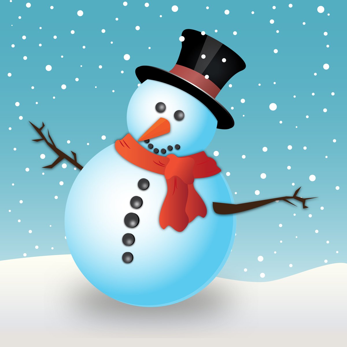 a snowman with hat, scarf and scarf on his neck