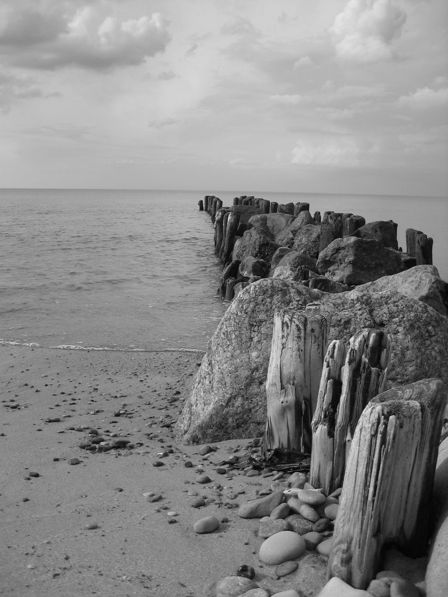 some rocks on a beach water and sky