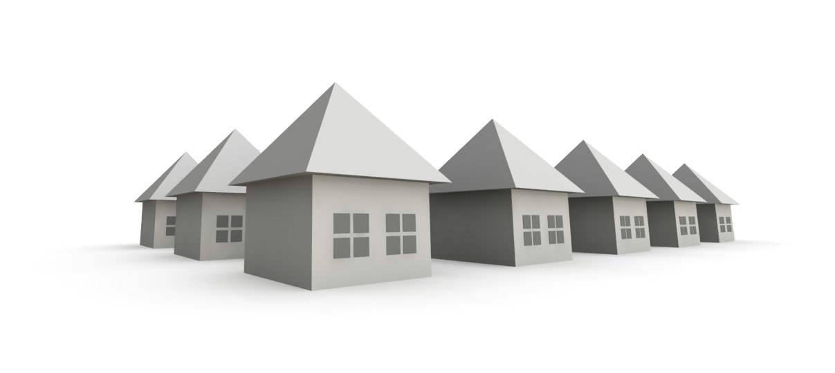 several houses stand in rows with their tops folded together