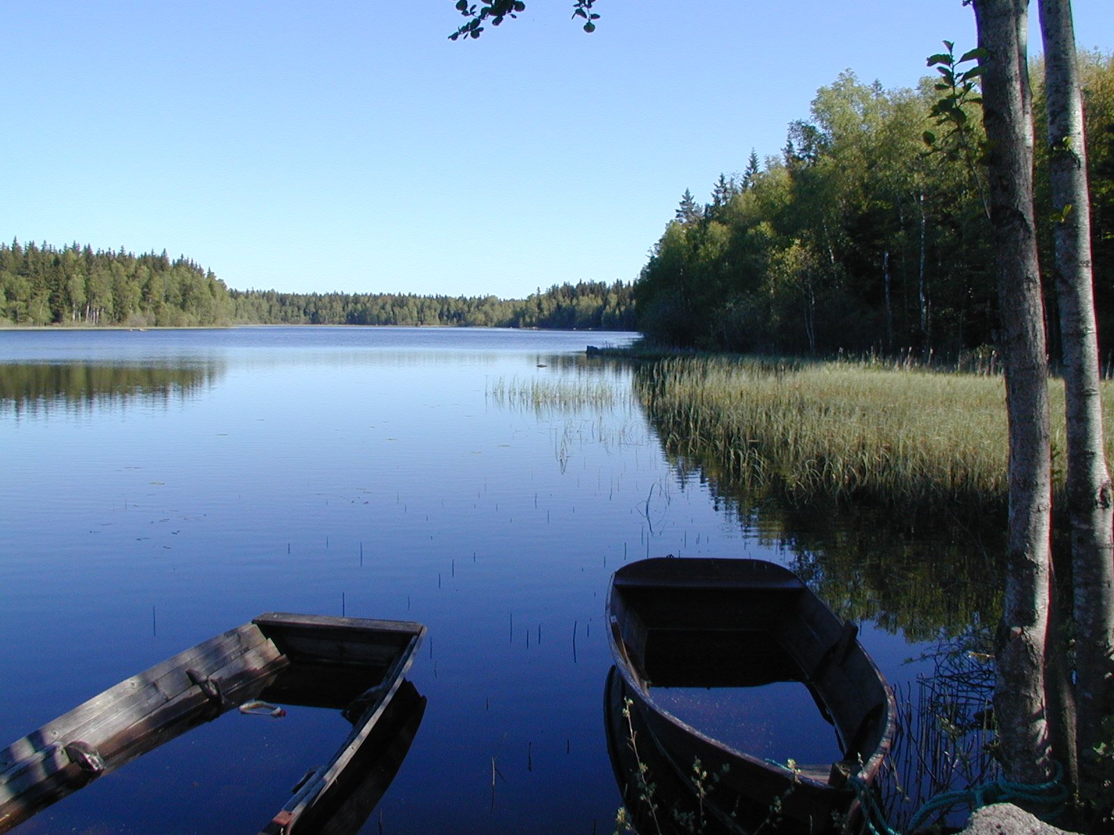 two small boats sitting on the water of a lake