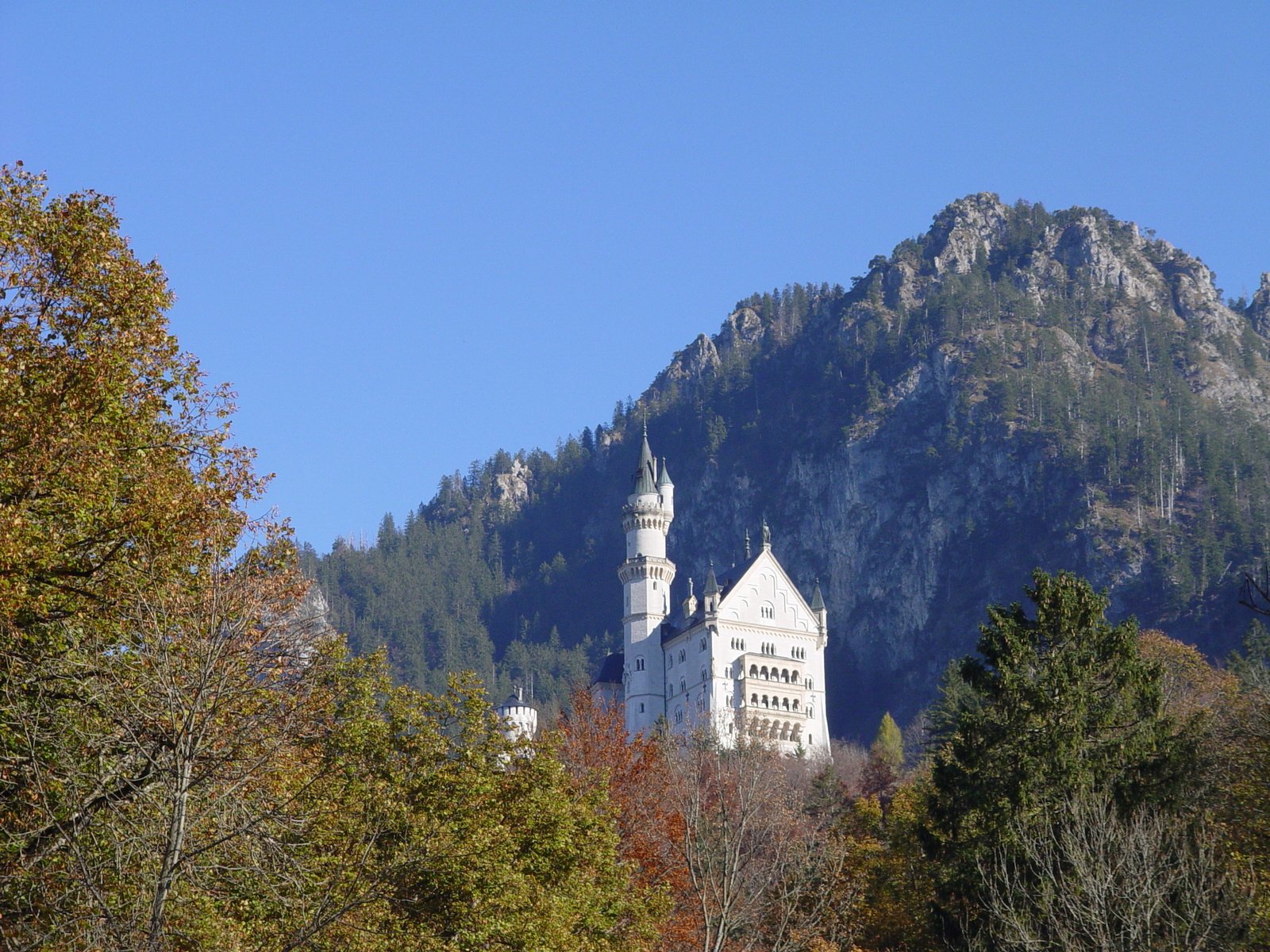 a white castle sits amongst autumn leaves in front of the mountains