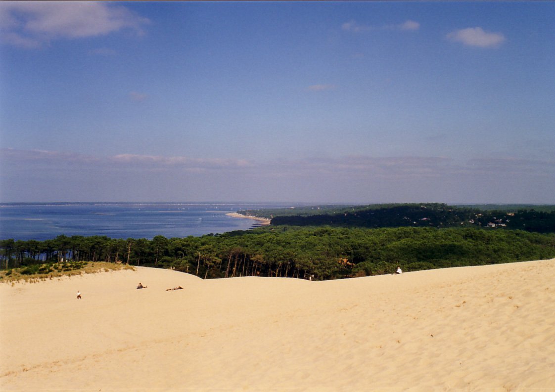 a sandy landscape by the ocean under a clear blue sky