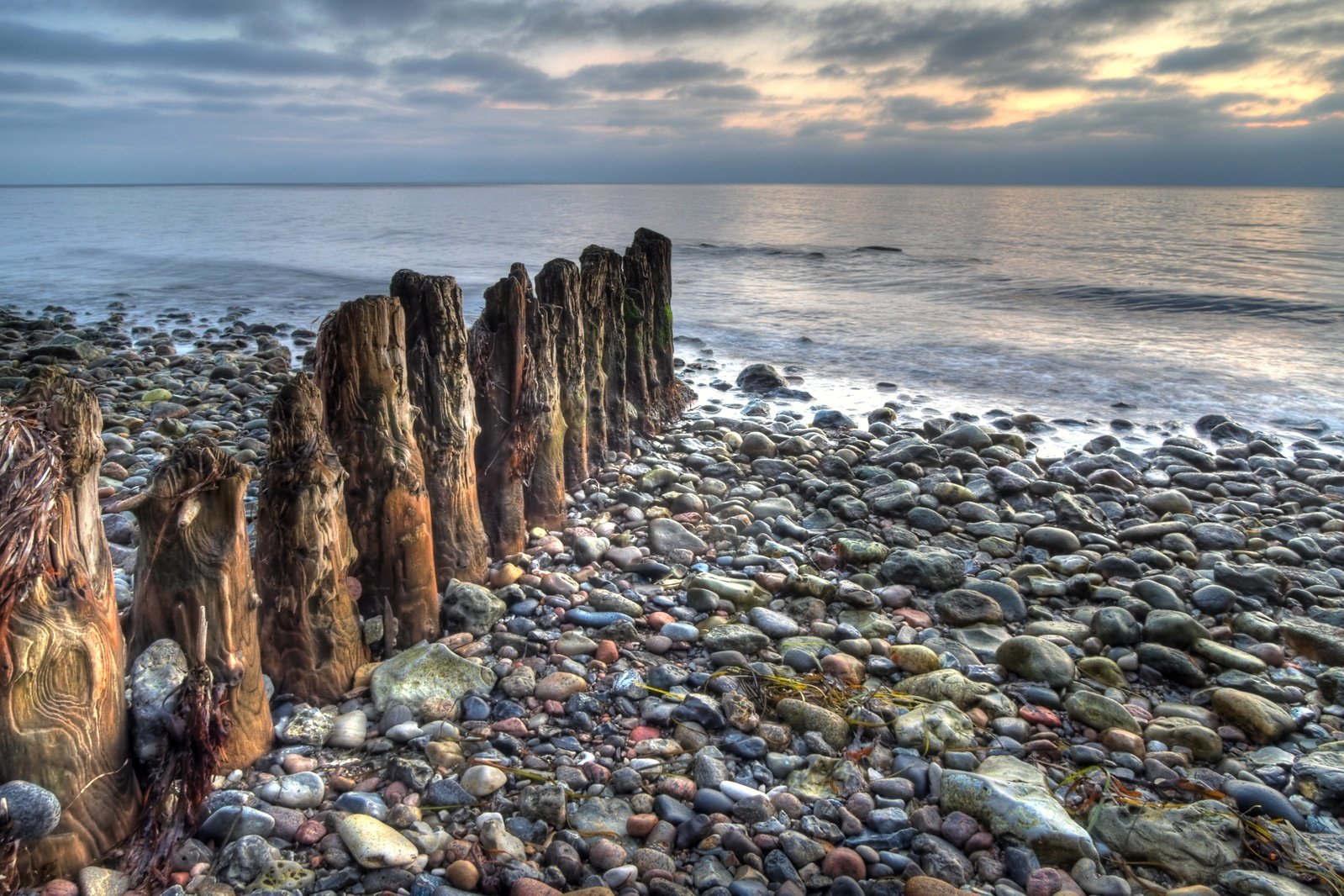 rock covered shoreline with logs sticking out of water