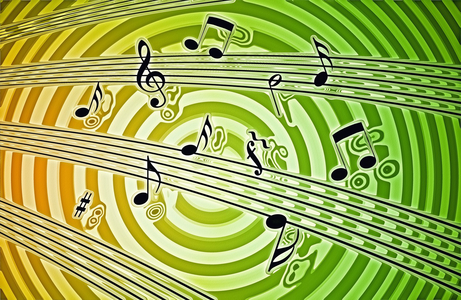 musical notes flying in the wind with green and yellow swirling