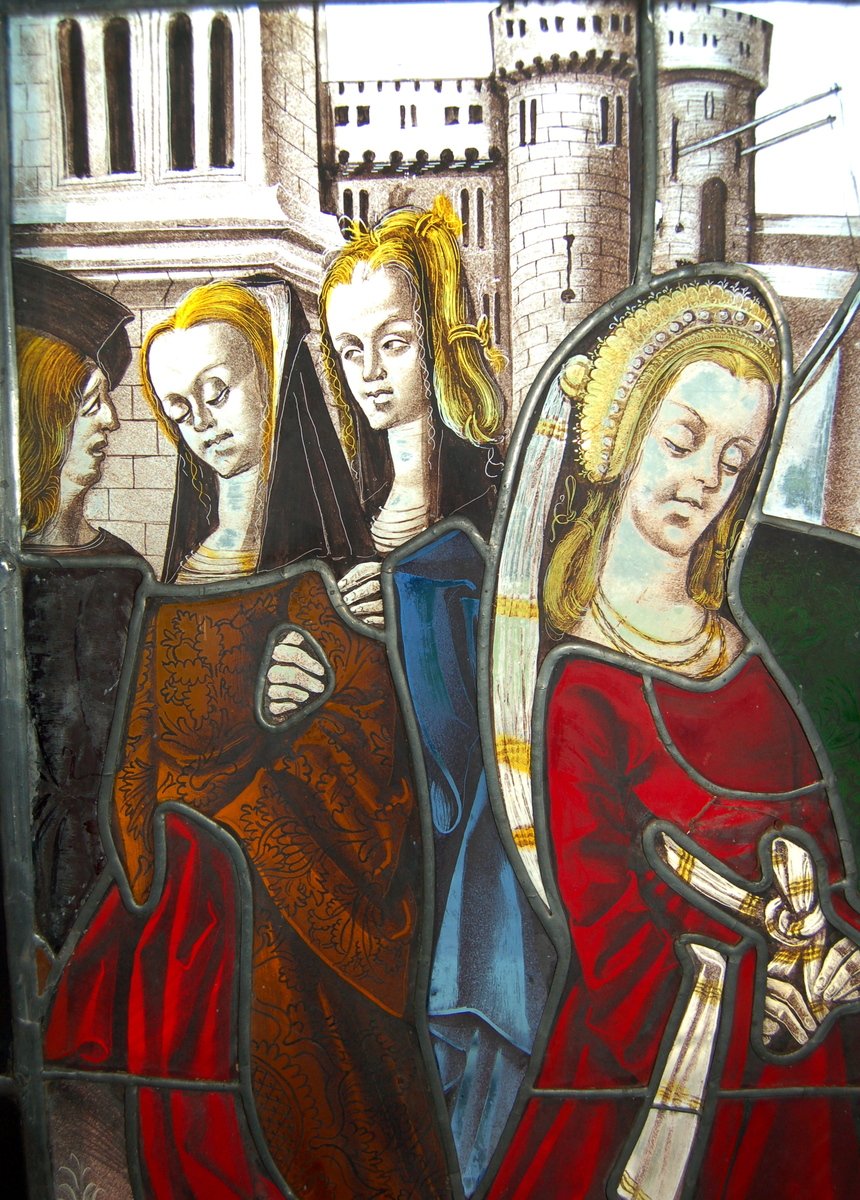 a painting of three angels with one holding a sword