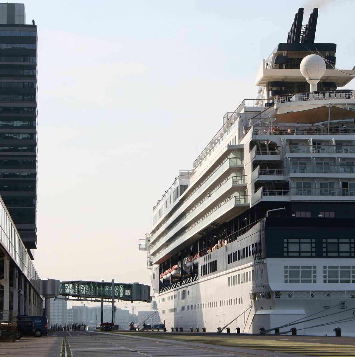 two large white cruise ships in a large port