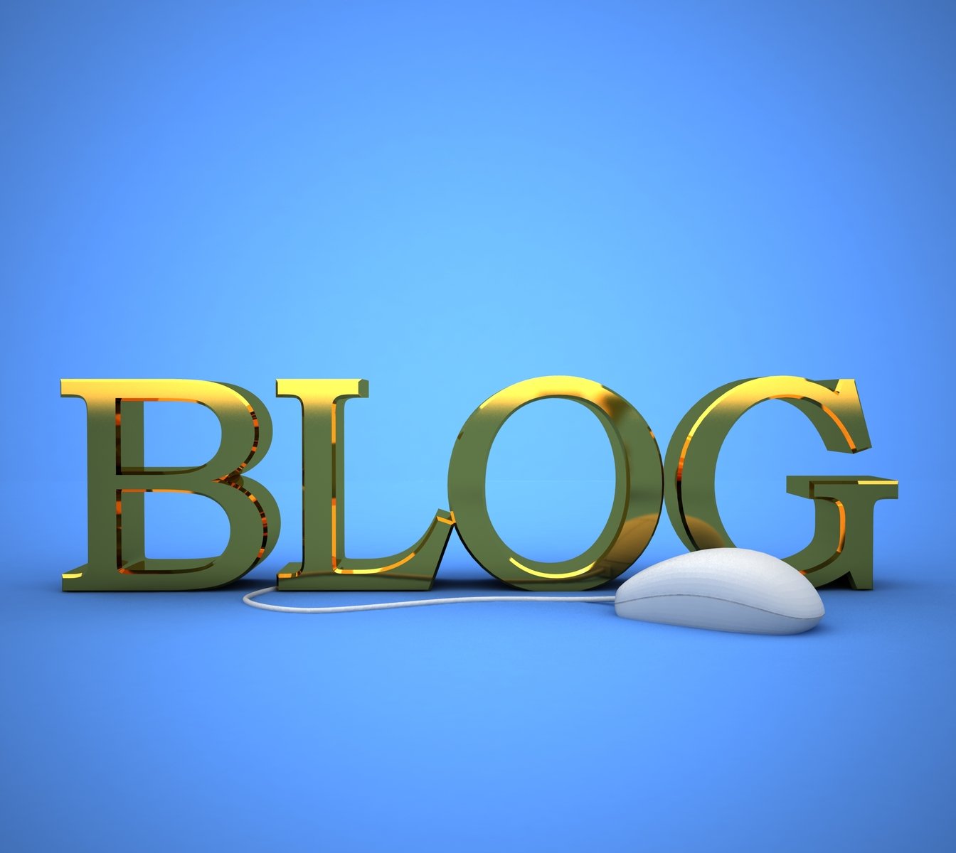 a computer mouse on the word blog beside a golden block