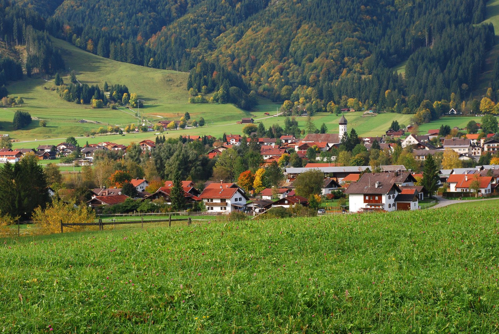 a rural town nestled in a valley with lush green trees