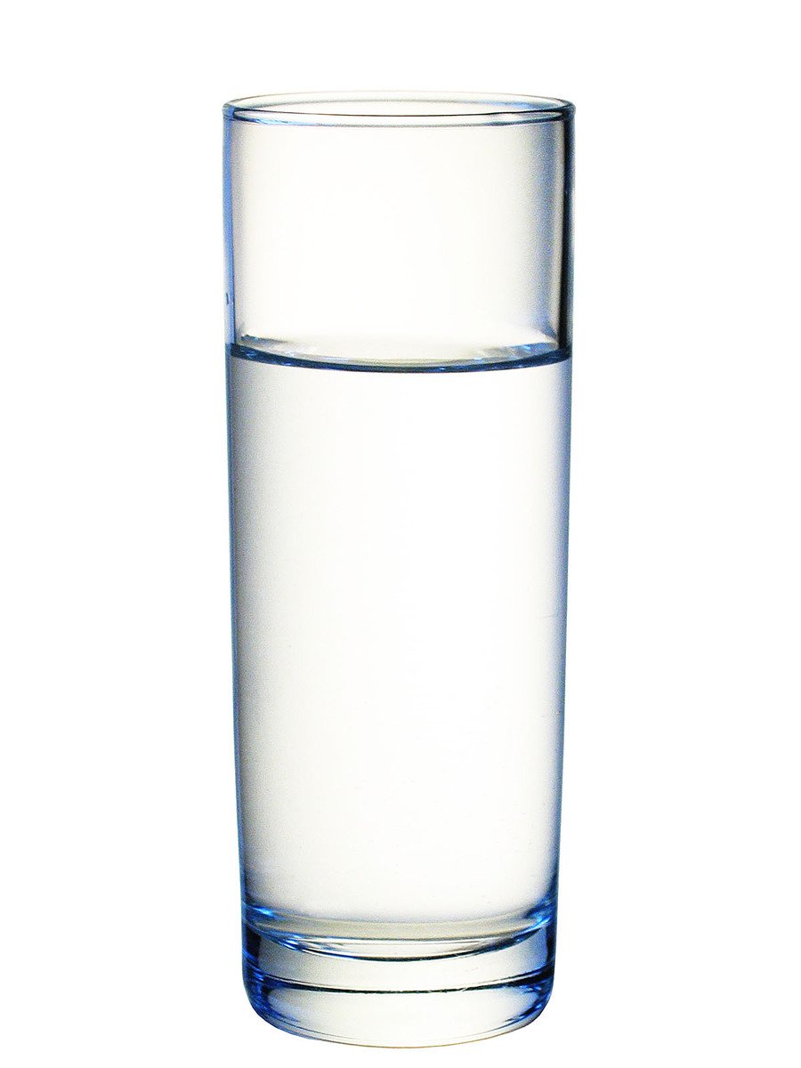 a clear glass full of water against a white background