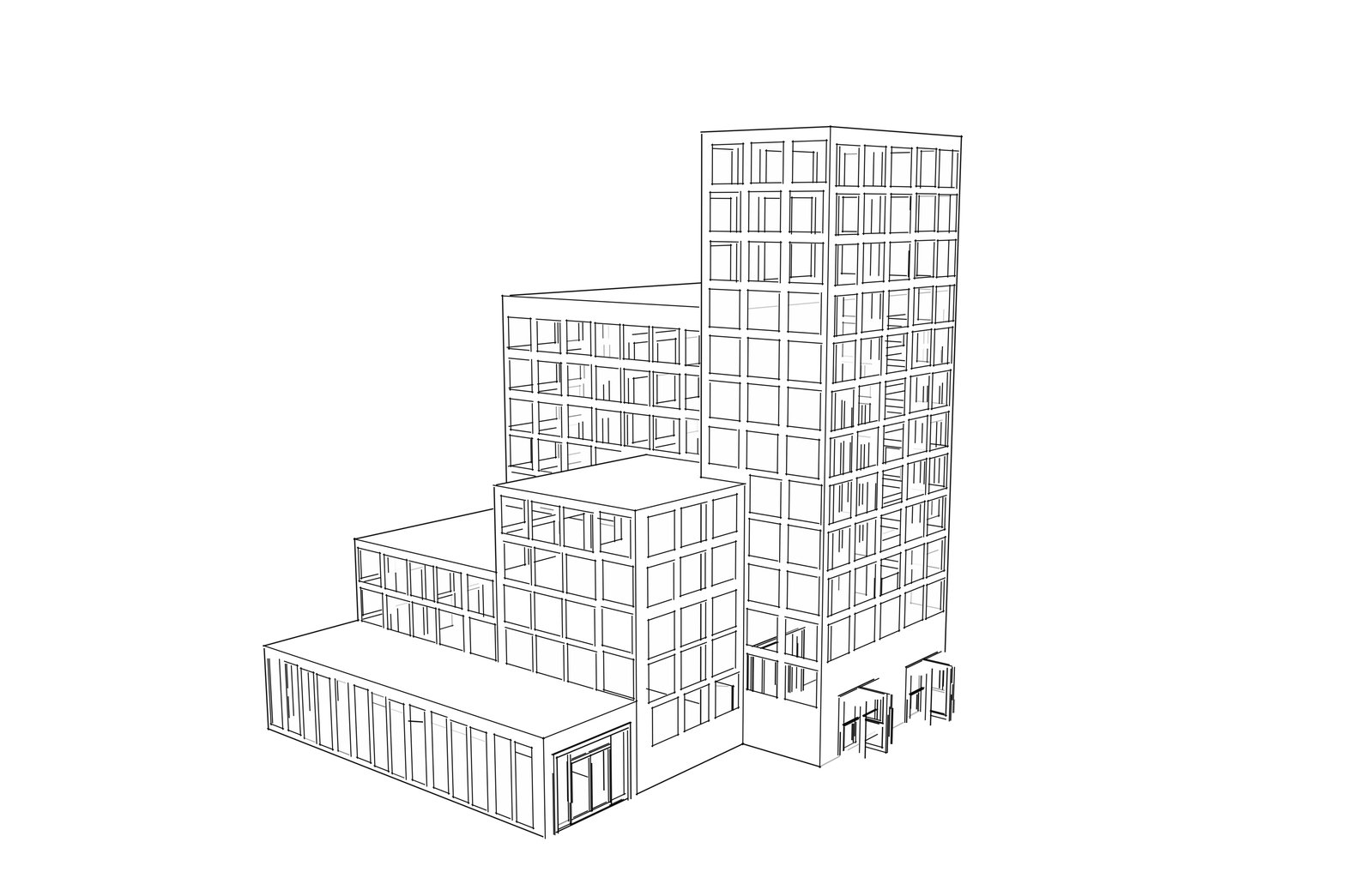 a sketch of two tall buildings, each with windows and one being filled with people